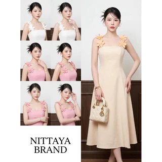 [NITTAYA] D2553 ชุดเดรสกระโปรงยาวสายเดี่ยวดีเทลแต่งดอกไม้ซิปซ่อนด้านหลัง เรียบหรูดูแพงเจ้าหญิงมากเวอร์ ใส่ออกงาน งานมงคล
