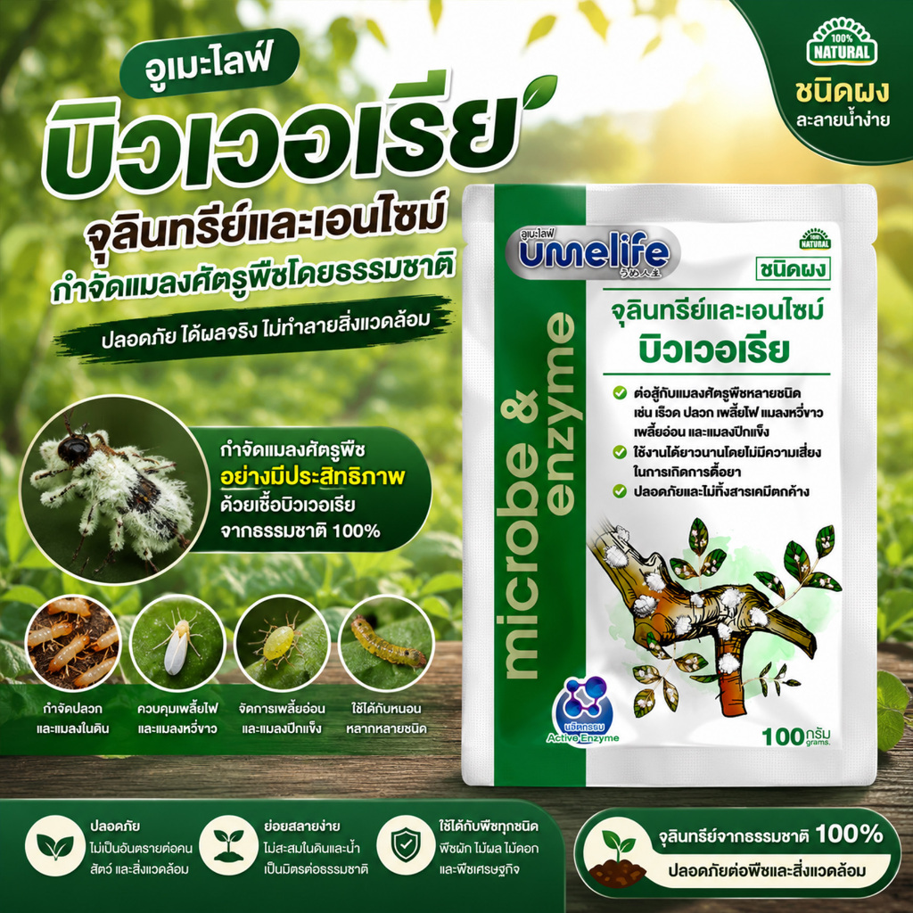 อูเมะไลฟ์ บิวเวอเรีย 100 กรัม กำจัดแมลง ป้องกันแมลงกินใบ ป้องกันใบเหี่ยวจากเพลี้ย กำจัดเพลี้ย