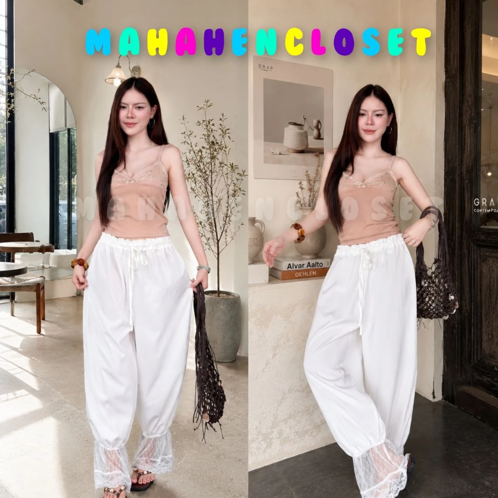 💰Mahahengcloset💰กางเกงขาจั๊ม ชายระบายลูกไม้ ผ้าครัช เอวสม็อค ยืดได้ ทรงสวย ใส่สบาย สาวอวบใส่ได้