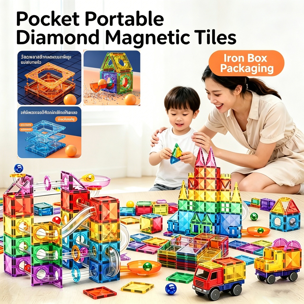 Magnetic Tiles ชุดตัวต่อแม่เหล็ก DIY ฝึกสมอง เกมสร้างสรรค์เด็ก Magnetic Tiles แผ่นตัวต่อแม่เหล็ก 3D 
