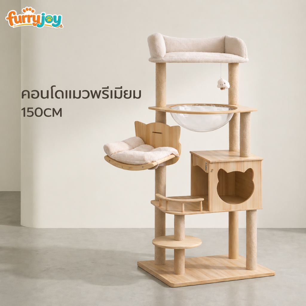 [FurryJoy]คอนโดแมวไม้ สไตล์มินิมอล สูง 150cmพร้อมหลุมอวกาศใส เปลญวนนุ่ม และบ้านแมวหลังใหญ่ แข็งแรง ทนทาน ไม่ล้มง่าย