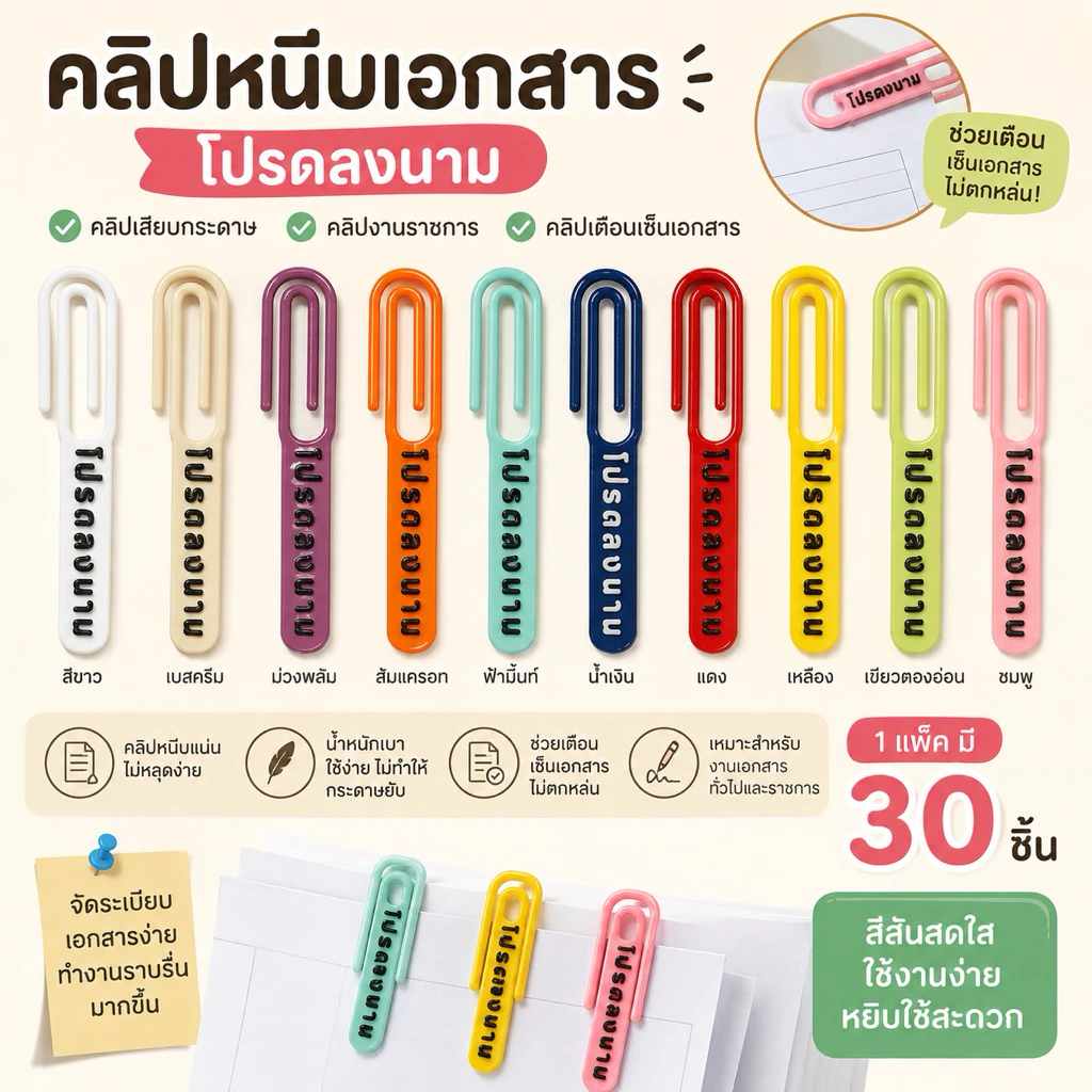 คลิปหนีบเอกสาร โปรดลงนาม คลิปเสียบกระดาษ คลิปงานราชการ คลิปเตือนเซ็นเอกสาร (แพ็ค 30 ชิ้น)