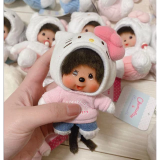 🇯🇵 นำเข้าจากญี่ปุ่น 💖 Monchhichi x Hello Kitty พวงกุญแจตุ๊กตา เสื้อฮู้ดสีชมพู ขนนุ่ม ห้อยกระเป๋าได้