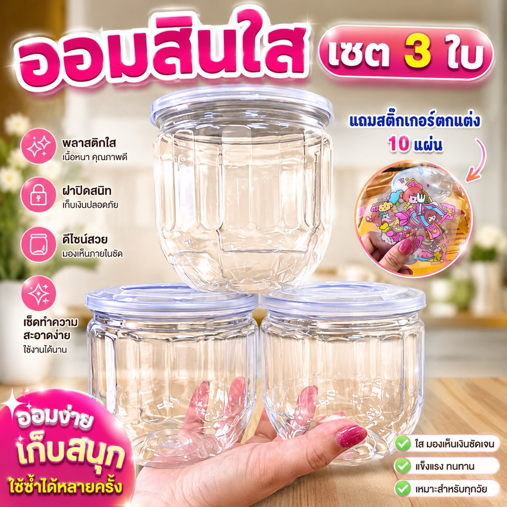 เซต3ใบ กระปุกออมสินใสฝาดึง รุ่น700SP แถมฟรีสติ๊กเกอร์ 10ใบ