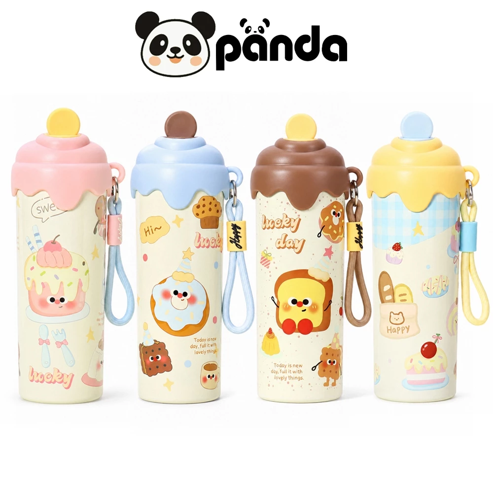 PANDA แก้วเก็บความเย็น 600ML สแตนเลส 304 ไอศกรีมที่สร้างสรรค์ รูปแบบการ์ตูน สายคล้องมือ สองวิธีดื่ม