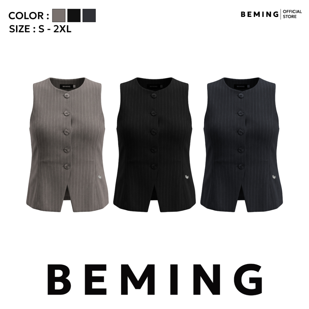 Bemingtop1251(S-2XL) - Rinne Vest Top - เสื้อ vest ลายทางทรงเข้ารูปดีไซน์คอกลมเหมาะใส่ทำงานและวันสบายๆ