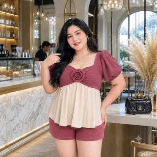 (โปรเดือน 8.8 .) C25ชุดเซตพราวกุหลาบ-ขาสั้น ผ้าท๊อฟฟี่ ชุดเซตสาวอวบใส่สบาย