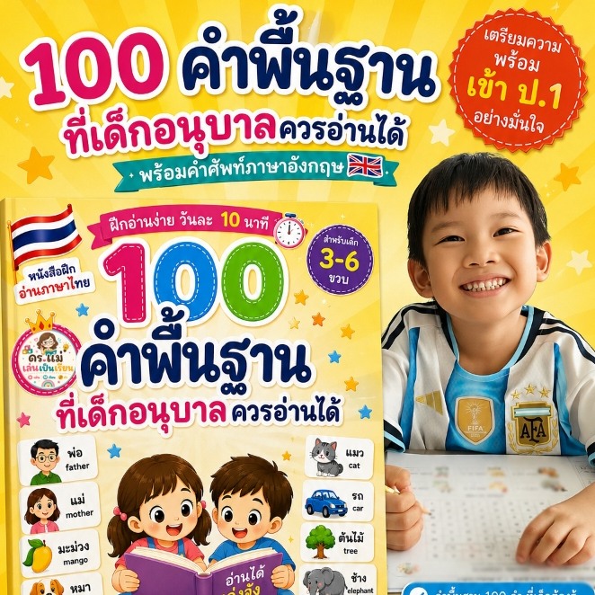 ลูกอ่านภาษาไทยได้ เริ่มจากเล่มนี้ 100 คำพื้นฐานที่เด็กอนุบาลควรอ่านได้ คำศัพท์ภาษาอังกฤษ ใบงานอนุบาล ดร.แม่เล่นเป็นเรียน