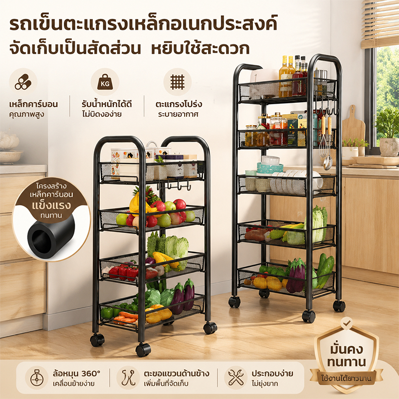 ชั้นวางของเข้าซอกมีล้อ ชั้นวางตะแกรงเหล็ก 3/4/5 ชั้น รถเข็นอเนกประสงค์ สำหรับครัว ห้องน้ำ ห้องนอน เคลื่อนย้ายสะดวก
