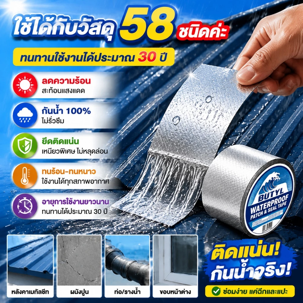 🔥ไม่รั่ว 50 ปี🔥เทปกาวกันน้ํารั่วซึม 5/10/15/20/30 เซนติเมตร ความกว้าง เทปบิวทิล เทปกันน้ำ