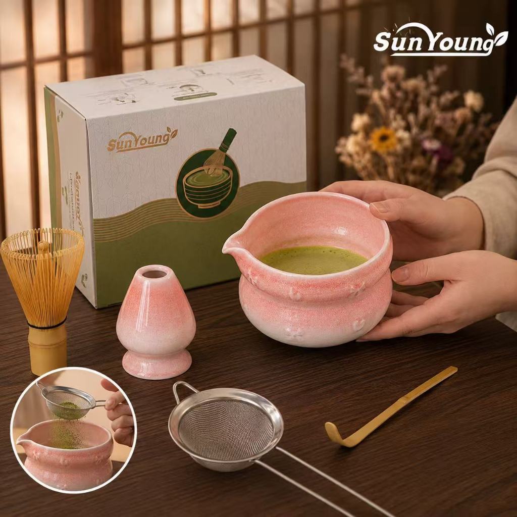 ชุดชงมัทฉะ 5 ชิ้น สีชมพูโบว์ น่ารัก Matcha Set ชามมัทฉะเซรามิค Matcha Bowl สไตล์ญี่ปุ่น พร้อมอุปกรณ์ชงชา