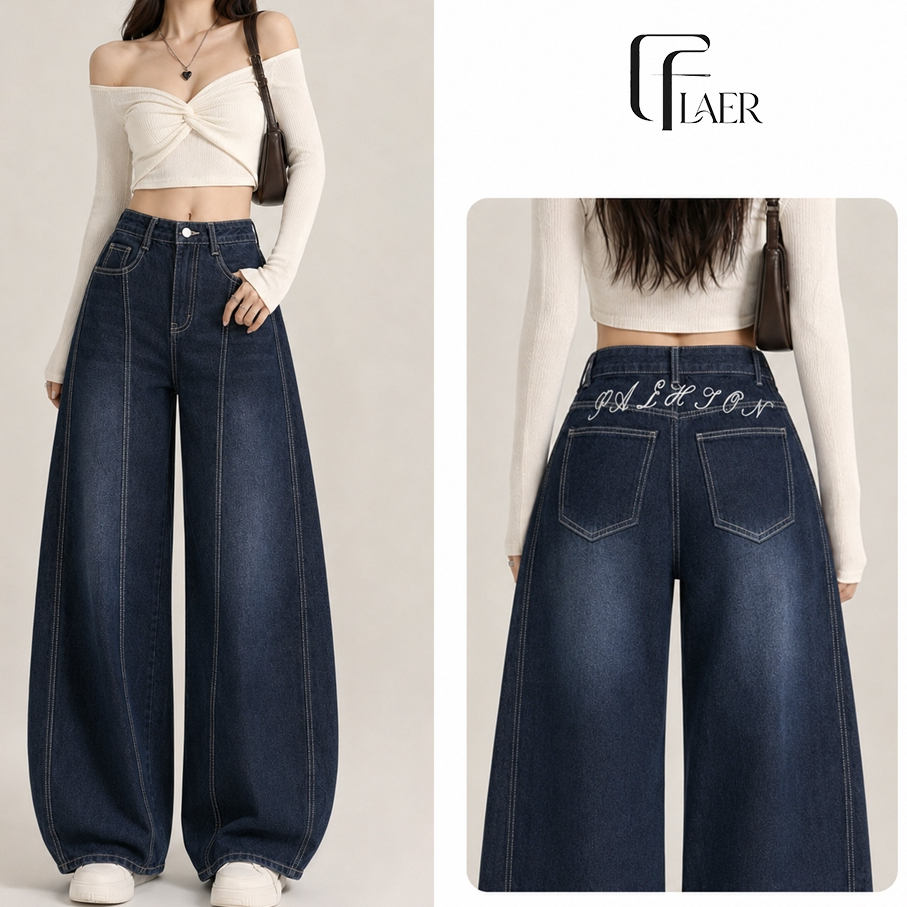 FLAER Denim Studio กางเกงยีนส์ผู้หญิงเอวสูง ทรงขาโค้ง ขากว้าง สีกรมวินเทจ ลายปักทั้งตัว ทรงหลวม พรางหุ่น ใส่สบาย