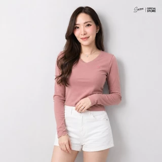 Serene's Choice เสื้อคอวี แขนยาว ผู้หญิง เสื้อยืดเข้ารูป ปักซีรีน สไตล์คลาสสิก นุ่มใส่สบาย ทรงสวย