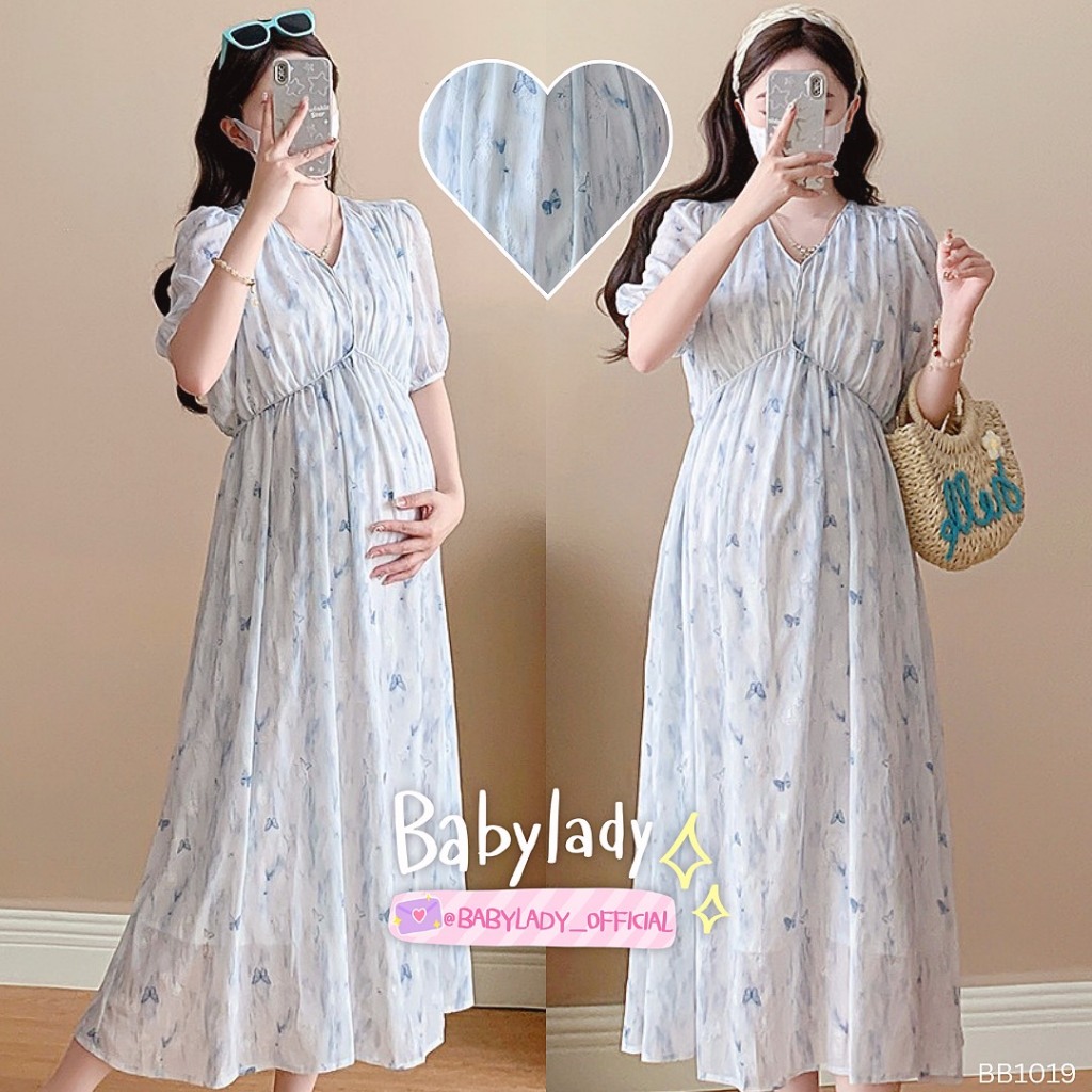 [BB 1019] ชุดคลุมท้อง | BABYLADY ♡ - เดรสชีฟองลายดอกผีเสื้อ ผูกเอว มีซับใน