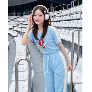 (มี3XL) มี 3 สี New Cute Set ผ้าวอร์มนาโนเนื้อนิ่ม เสื้อยืดปักลาย + กางเกงขายาวมีกระเป๋าข้างเอวสม็อคแต่งแถบข้าง