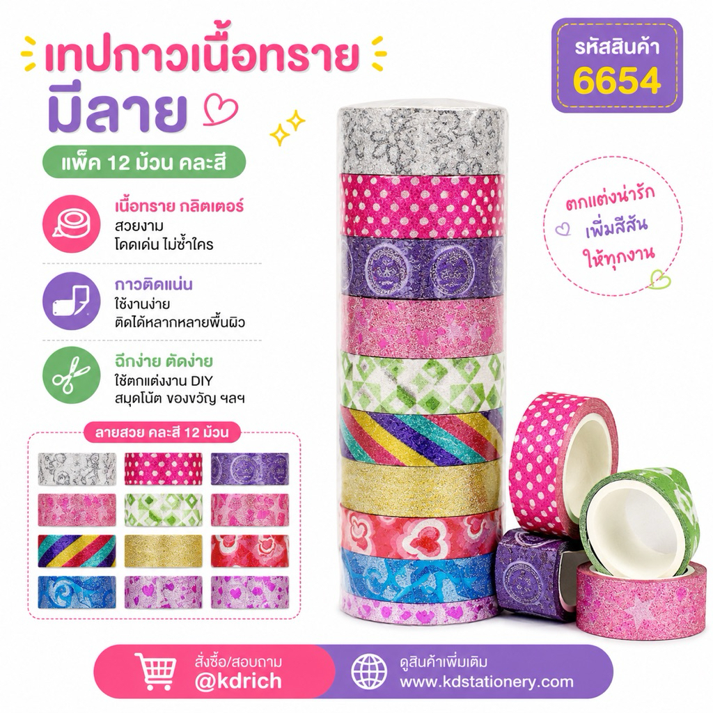 (ราคา/แถว 12 ม้วน) เทปสติ๊กเกอร์ #6654-6655