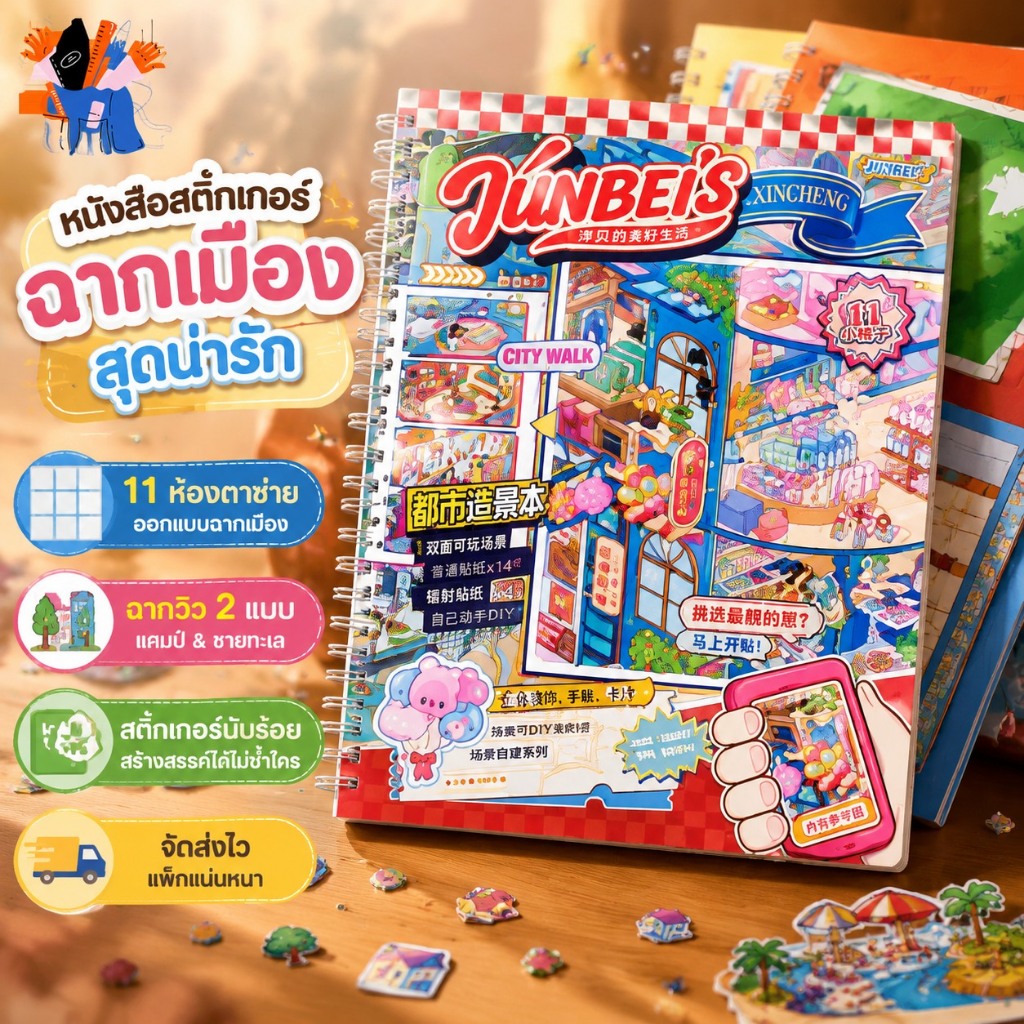 หนังสือสติกเกอร์ภูมิทัศน์ขนาดเล็ก จุนเป่ย 11.0 ห้องตาข่ายเมืองสนุกบีบอัดหนังสือสติกเกอร์สร้างสรรค์