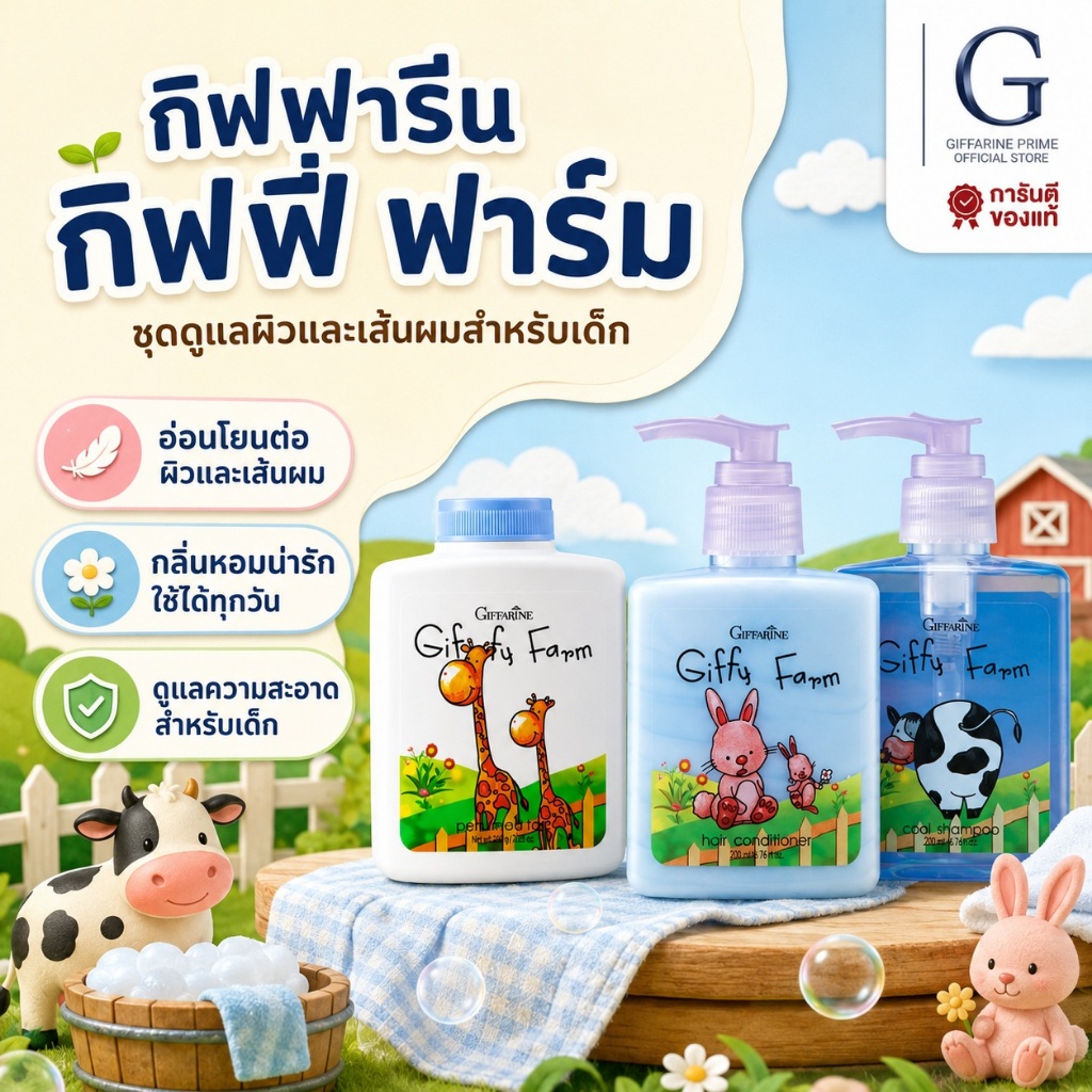 แชมพู ครีมนวด แป้งเด็ก Giffarine Baby Care สำหรับเด็กวัย 3–6 ปี ผิวสะอาดนุ่ม กลิ่นหอมอ่อนโยน