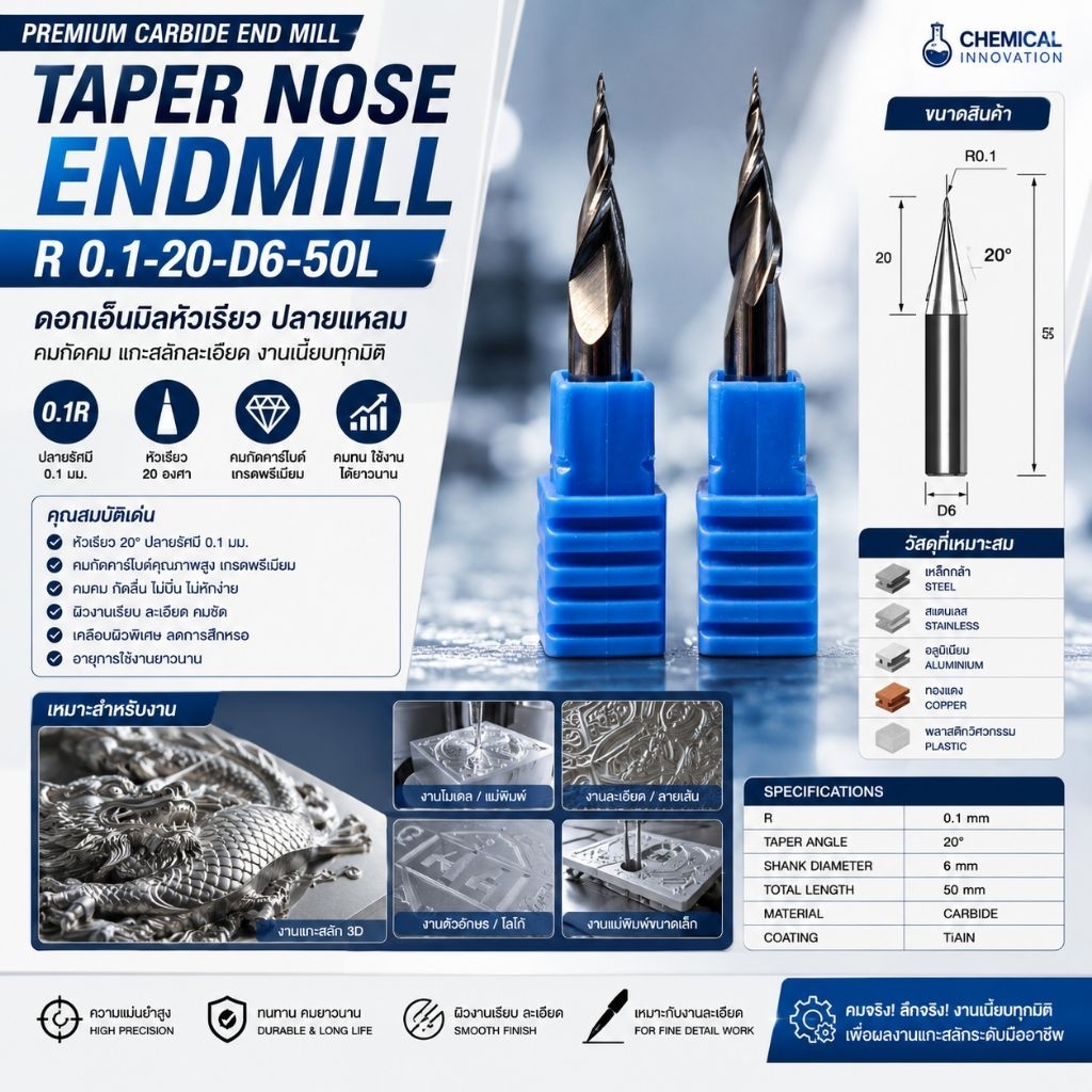 ดอกกัดเทเปอร์ปลายบอลคาร์ไบด์ Taper Ball Nose End Mill R0.1 × 20 × 6 × 50 มม. สำหรับแกะสลัก 3D CNC