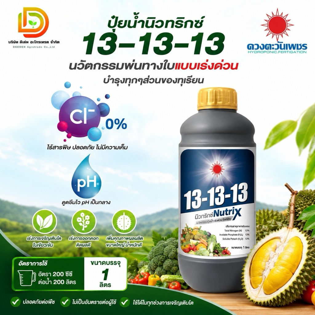 ปุ๋ยน้ำ 13-13-13 สูตรสำหรับบำรุงได้ทุกช่วง บำรุง ต้น ดอก ผล ขนาด 1 ลิตร #ดวงตะวันเพชร