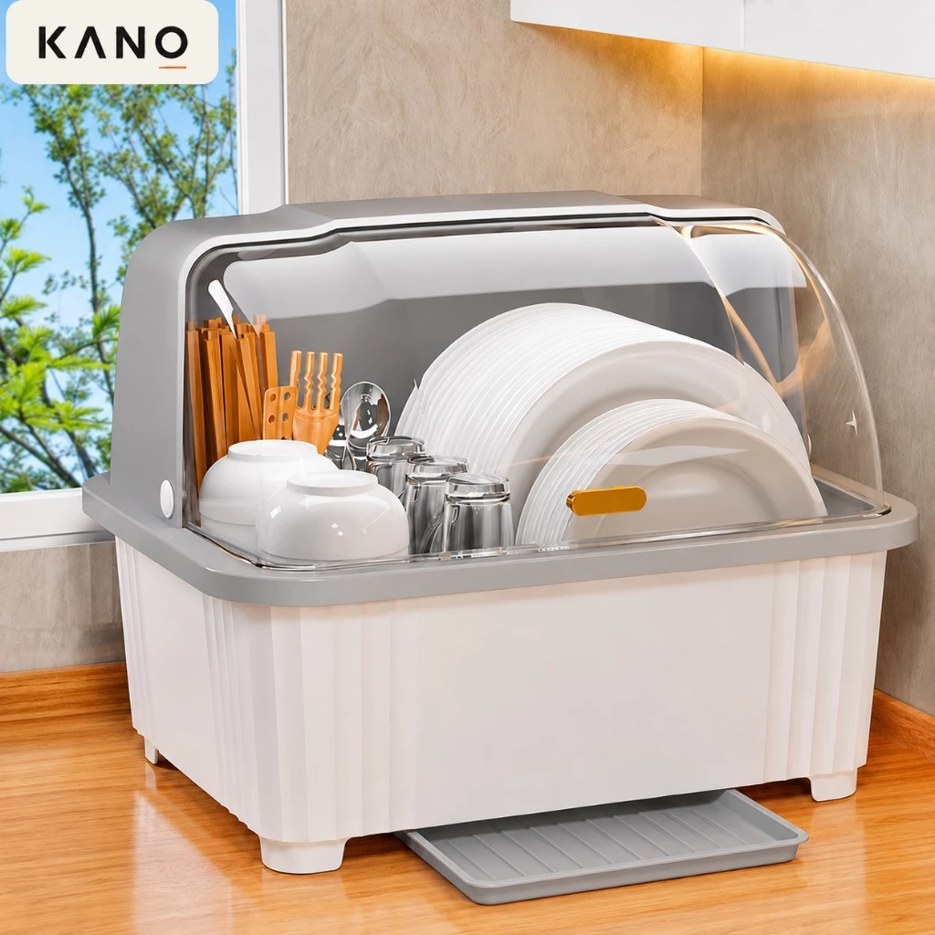 KANO ที่คว่ำจาน ที่คว่ำจานทรงโค้งมน (ดึงถาดรองด้านหน้า-มีฝาปิด) กันฝุ่นละออง กันแมลง วางจาน ที่เก็บจาน
