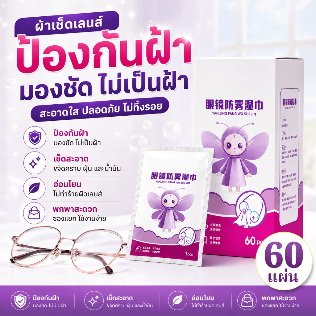 ผ้าเช็ดแว่นกันฝ้า 60 แผ่น แยกซอง เช็ดคราบมัน ฝุ่น และรอยนิ้วมือ ช่วยให้เลนส์ใส พกง่าย ใช้ได้ทุกวัน