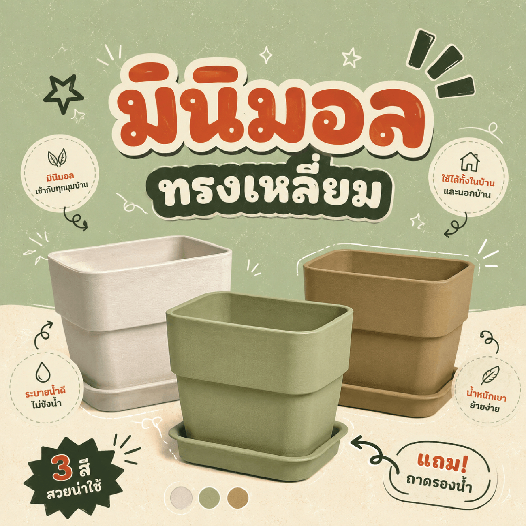**แพ๊คส่งด้วยกล่องอย่างดี** ++ทรงสี่เหลี่ยมมินิมอล++ กระถางมินิมอล มี 3 สี ทำจากพลาสติกแข็งแรง