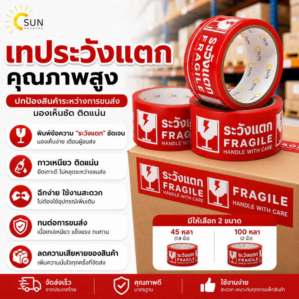เทปกาวพิมพ์ลาย ระวังแตก FRAGILE HANDLE WITH CARE เทปปิดกล่อง OPP กาวเหนียว ติดแน่น สำหรับแพ็คสินค้า