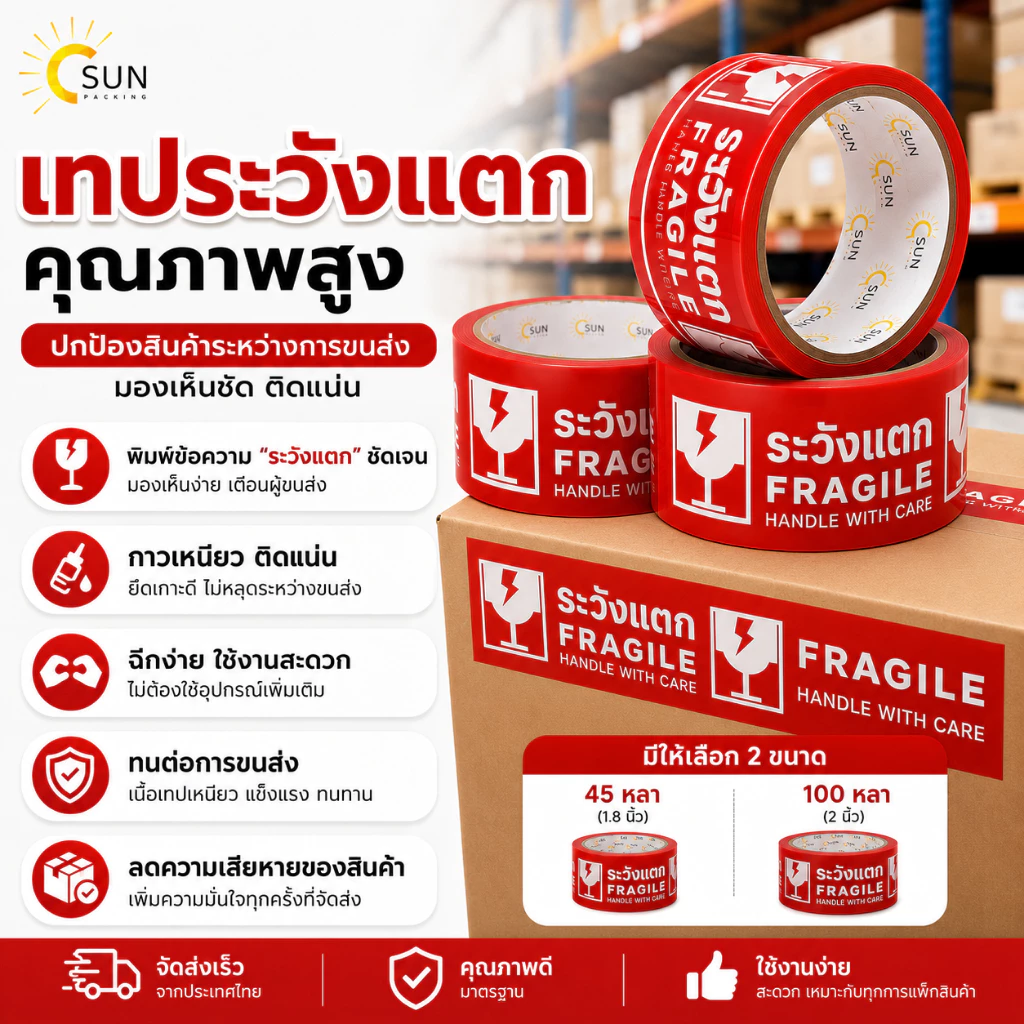 เทปกาวพิมพ์ลาย ระวังแตก FRAGILE HANDLE WITH CARE เทปปิดกล่อง OPP กาวเหนียว ติดแน่น สำหรับแพ็คสินค้า