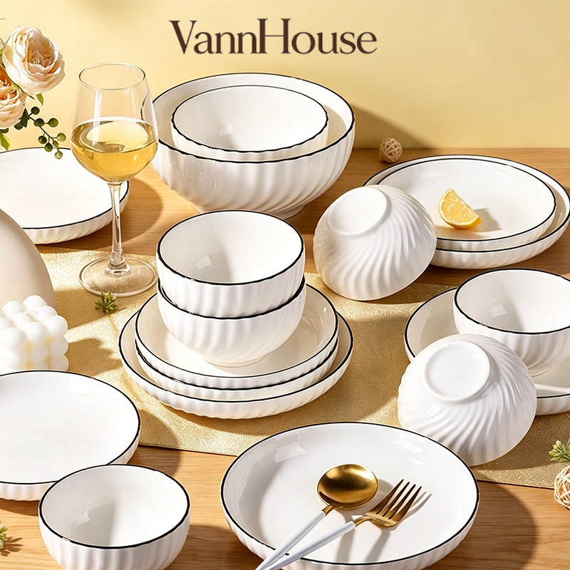 VannHouse จาน ชาม ลายเก็นเก็ตสึ เซรามิกญี่ปุ่นลายคลื่น ขอบดำพรีเมียม เข้าไมโครเวฟได้