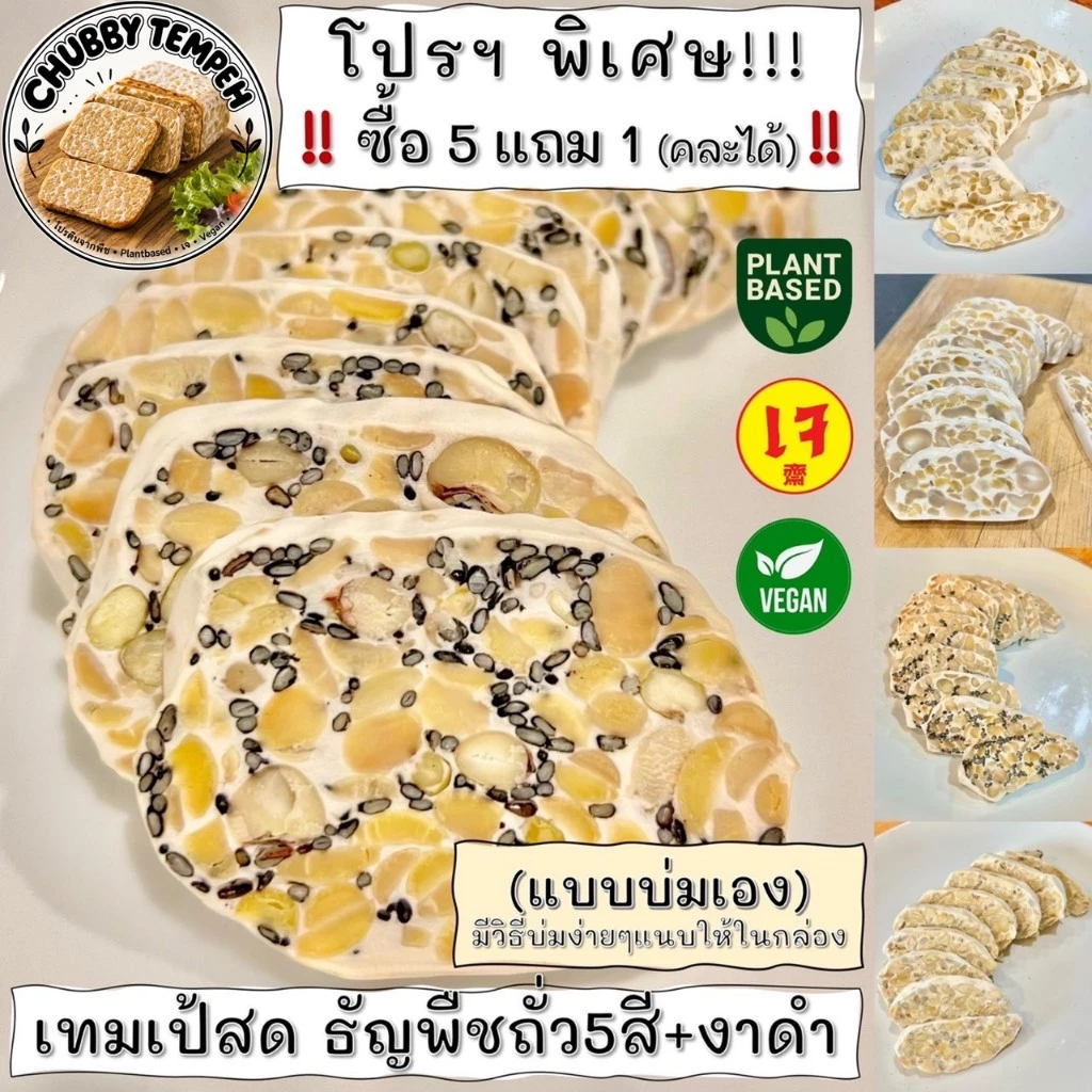เทมเป้สด ธัญพืชถั่ว5สี+งาดำ🫘(5แถม1) 100g. (แบบบ่มเอง) โปรตีนจากพืช PlantBased เจ Vegan มังสวิรัติ Tempeh