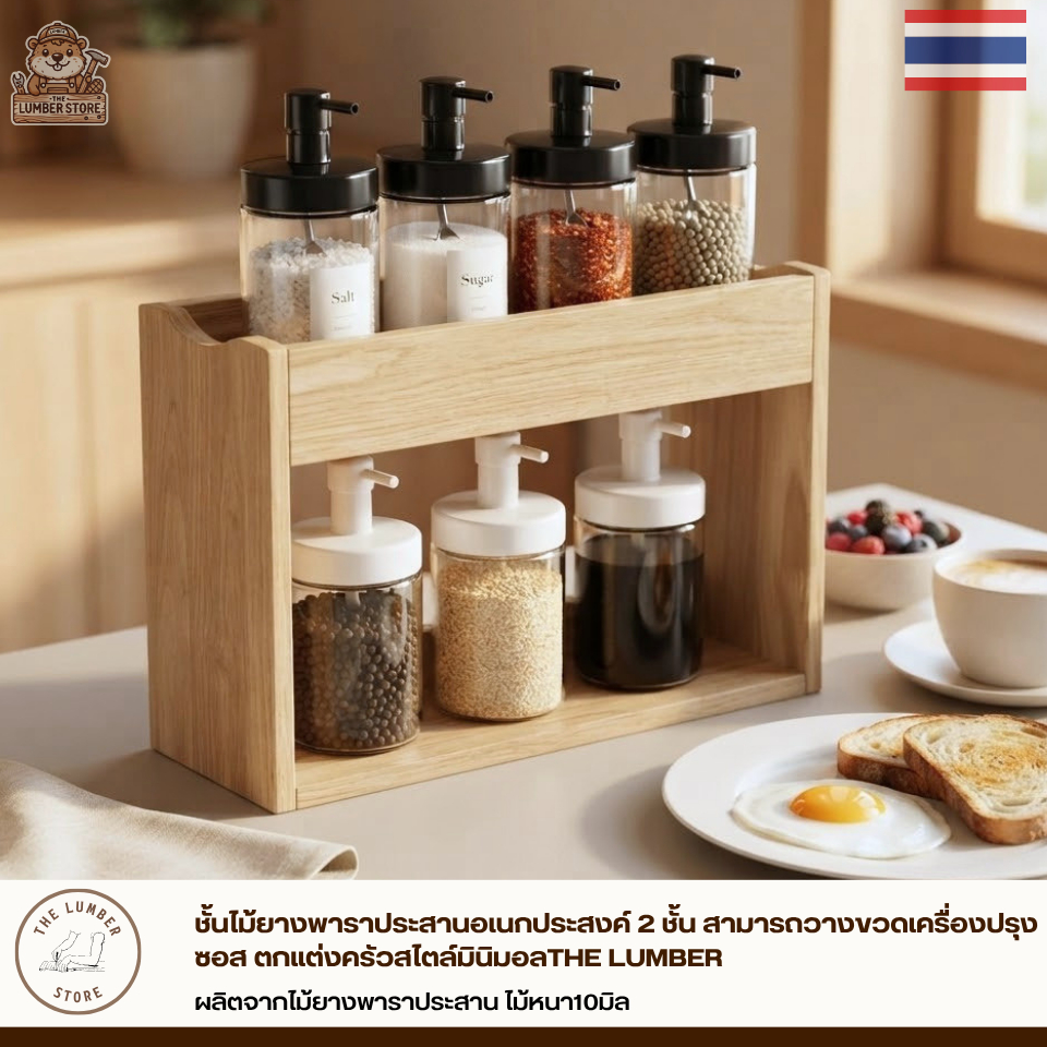 ชั้นไม้ยางพาราประสานอเนกประสงค์ 2 ชั้น สามารถวางขวดเครื่องปรุง ซอส ตกแต่งครัวสไตล์มินิมอลTHE LUMBER
