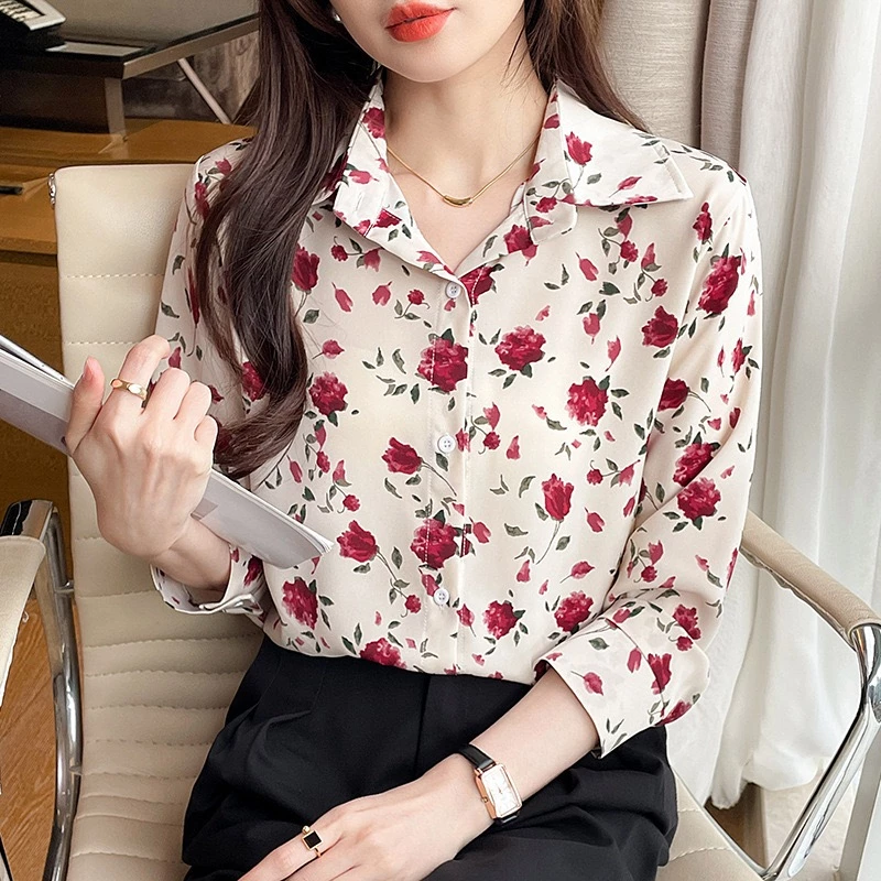เสื้อเชิ้ตผู้หญิงแขนยาวพิมพ์ลายเสื้อแฟชั่นดอกไม้เนื้อผ้านุ่ม ใส่สบาย สไตล์เกาหลี ใส่ทำงาน ใส่เที่ยวผ้าไหมอิตาลี S~2XL