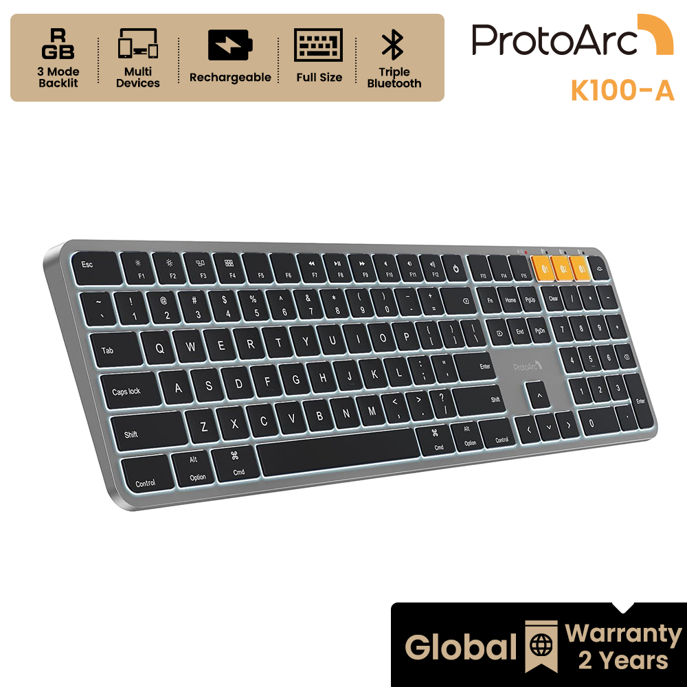 ProtoArc K100-A คีย์บอร์ดไร้สายสำหรับ Mac Bluetooth 3 อุปกรณ์ ไฟ Backlit บางเฉียบ ชาร์จได้ รับประกัน 2 ปี