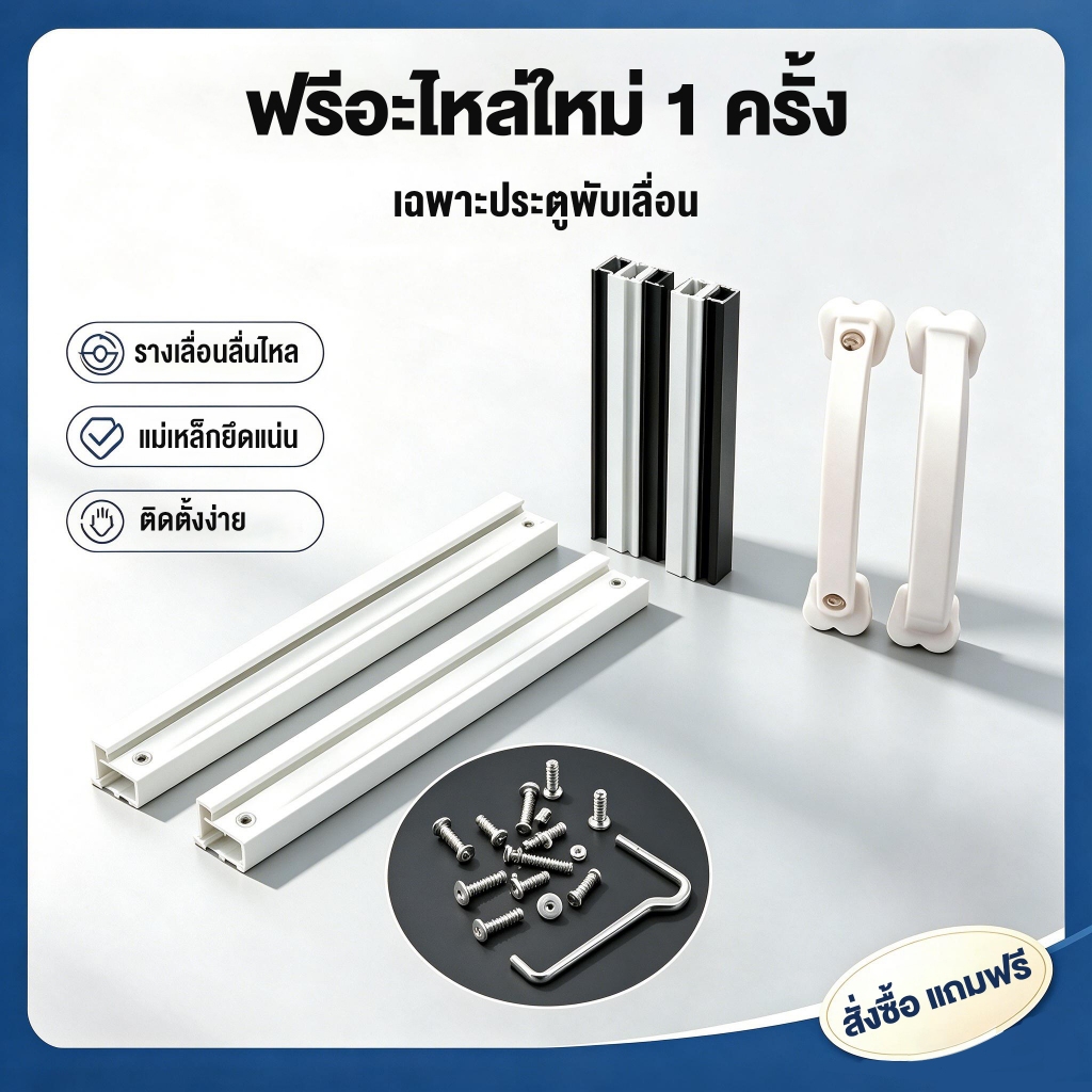 รางเลื่อนผ้าม่าน PVC เสาแม่เหล็ก มือจับประตู อะไหล่ใหม่ทั้งชุด ติดตั้งง่าย