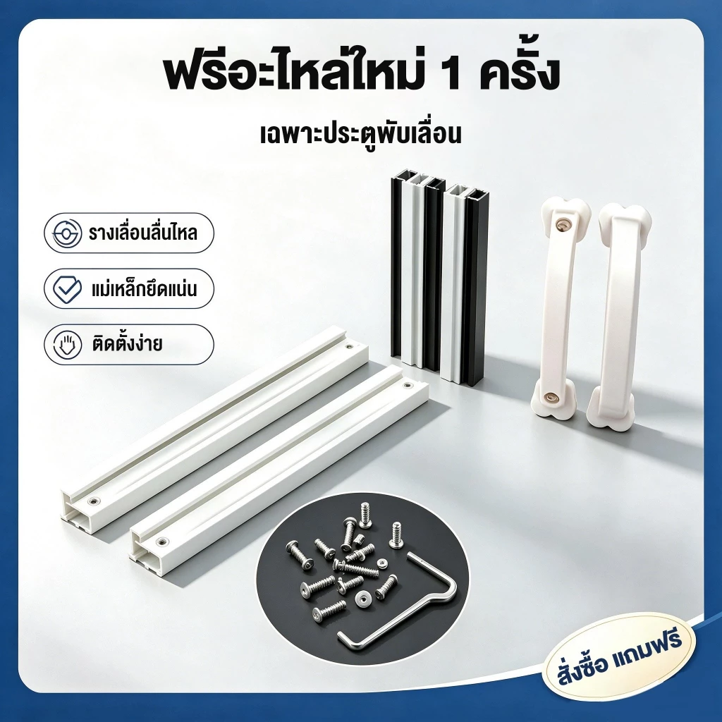 รางเลื่อนผ้าม่าน PVC เสาแม่เหล็ก มือจับประตู อะไหล่ใหม่ทั้งชุด ติดตั้งง่าย