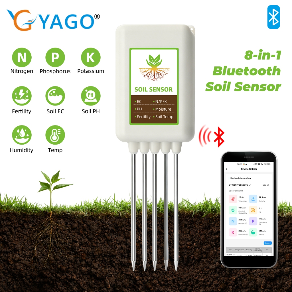 RCYAGO เซ็นเซอร์วัดดิน Bluetooth 8-in-1 NPK pH EC ตรวจดินผ่านแอป สำหรับสวน เกษตร ปลูกต้นไม้
