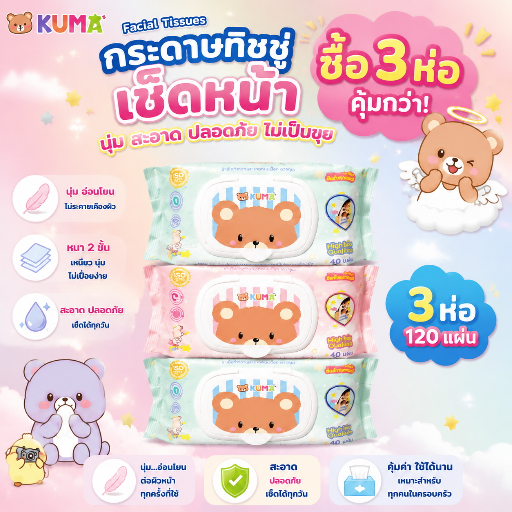 ทิชชู่เปียก KUMA ยก 3 ห่อ รุ่นมีฝาปิด 40 แผ่น สำหรับทำความสะอาด หนานุ่ม