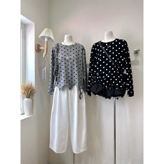🩵เสื้อแขนยาวลายจุด Polka Dot สุดคลาสสิก💙เพิ่มความพิเศษตรงชายเสื้อตัดหยักเก๋ๆ ใส่แล้วดูมีอะไร ผ้านิ่มใส่สบายม๊ากก 3936#