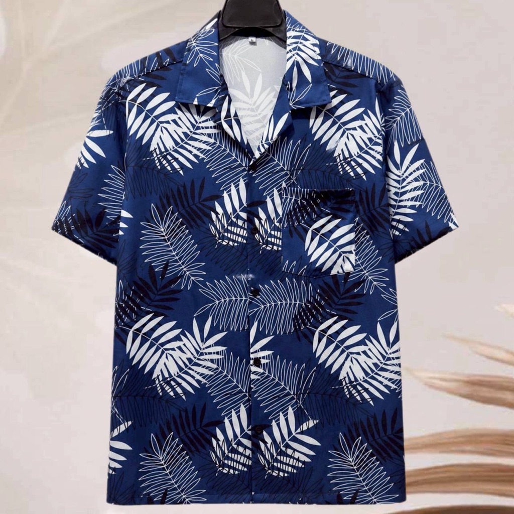 เสื้อเชิ้ตฮาวาย ลายใบไม้ขาวดำ (พื้นสีกรม) ผ้าไหมอิตาลี