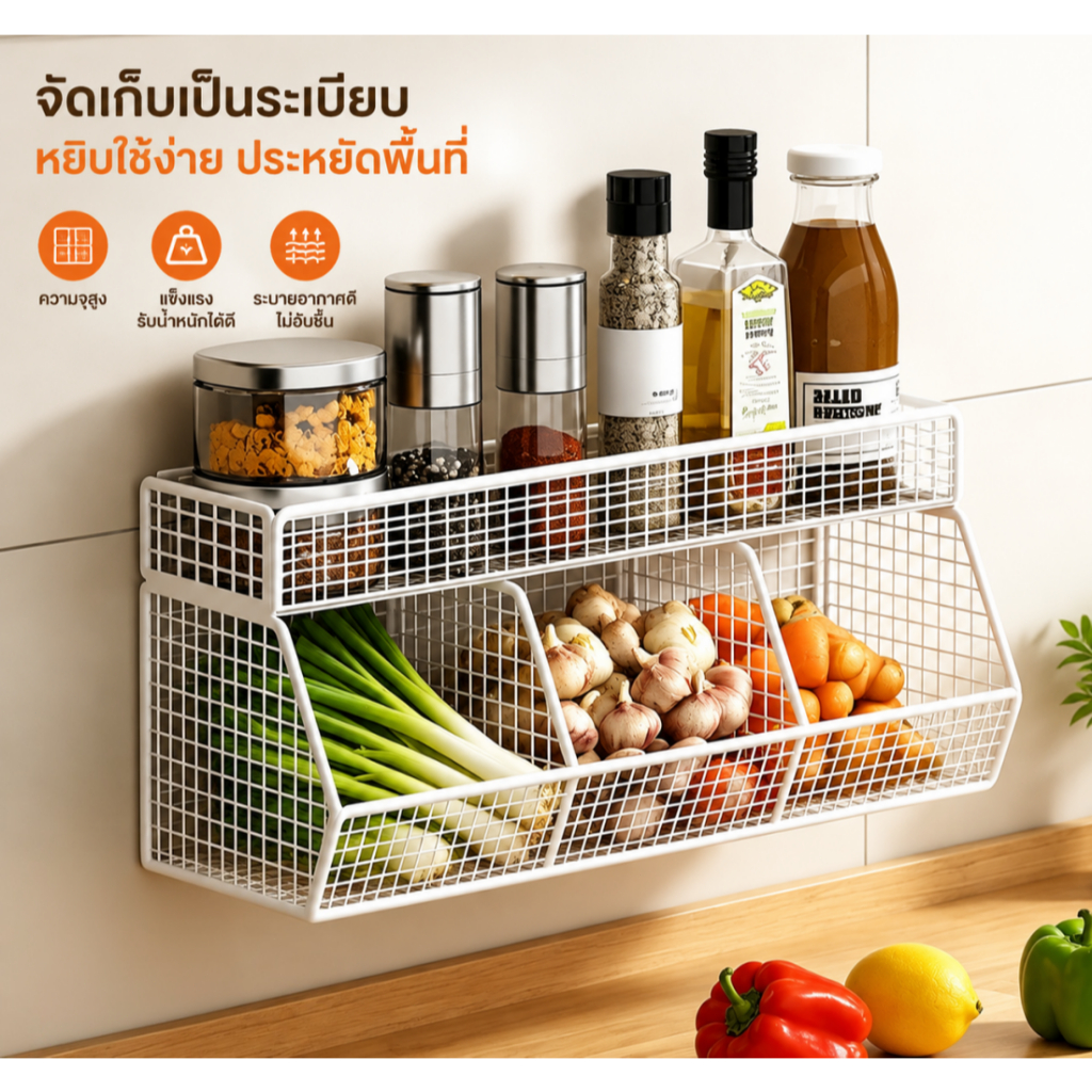 ชั้นวางของห้องครัวติดผนัง ไม่ต้องเจาะรู 2 ขนาด (26/39 ซม.) โลหะคุณภาพดี แบ่งช่องเก็บของ