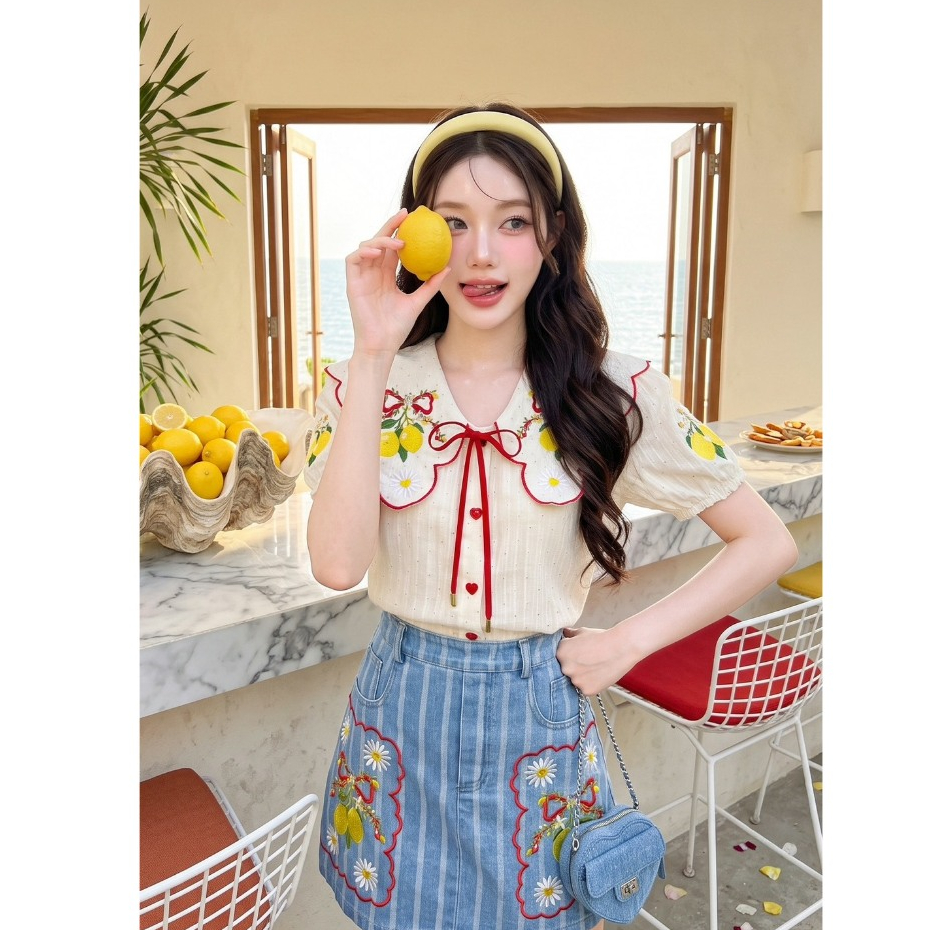 (มี3XL) เลม่อน Lemon Sour Set เซ็ต 2 ชิ้น เสื้อเชิ้ตกระดุมหน้าปกปัก + กระโปรงยีนส์ปักเข้าเซ็ต มีกระเป๋าข้าง ซับกางเกง