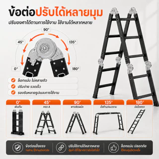 【รับประกันตลอดการใช้งาน】บันได บันไดพับได้ บันไดอลูมิเนียม หนา 6.5มม บันไดพับได้อลูมิเนียม ยาวทั้งหมด 3.8m/4.8m/5.8m รับน