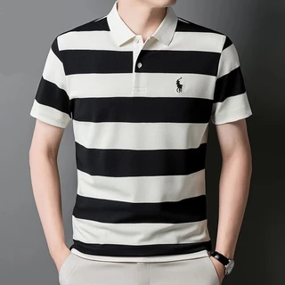 PROMAN เสื้อโปโลผู้ชายแขนสั้น ผ้าฝ้ายลายทาง คอปกระดับไฮเอนด์ สไตล์เกาหลี สไตล์ลำลอง เหมาะคุณพ่อวัยกลางและผู้ใหญ่ ยอดนิยม