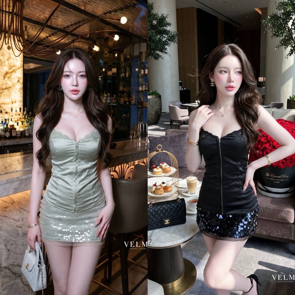 D10 งานป้าย Velme Set ชุดเซ็ท 2 ชิ้น เสื้อ กระโปรงเลื่อม สำหรับผู้หญิง เสื้อผ้าแฟชั่นผู้หญิง ไซส์ Xs-M