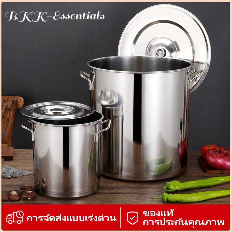 หม้อสแตนเลส 304 + ฝา • เนื้อหนาพิเศษ • ความจุสูงใช้เป็นได้หลากหลาย (หม้อซุป • น้ำมัน ) เหมาะกับทั้งครัวบ้าน + โรงอาหาร