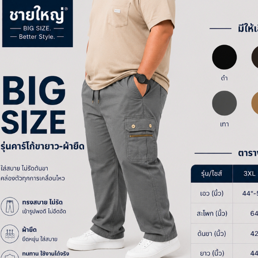กางเกงคาร์โก้ขายาวผ้ายืด กระเป๋าข้าง คอตต้อนยืด Big Size 4XL ใหญ่สุด 64 นิ้ว ผ้าดี เย็บดี สินค้าคุณภาพ ใส่สบายมาก