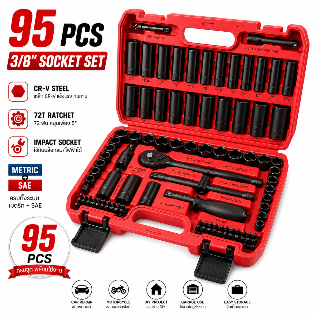 95 PCS ชุดลูกบล็อก 3/8 นิ้ว CR-V ลูกบล็อกลม Impact Socket พร้อมด้ามฟรี 72 ฟัน เครื่องมือซ่อมรถยนต์ DIY ครบชุด กล่องเก็บ