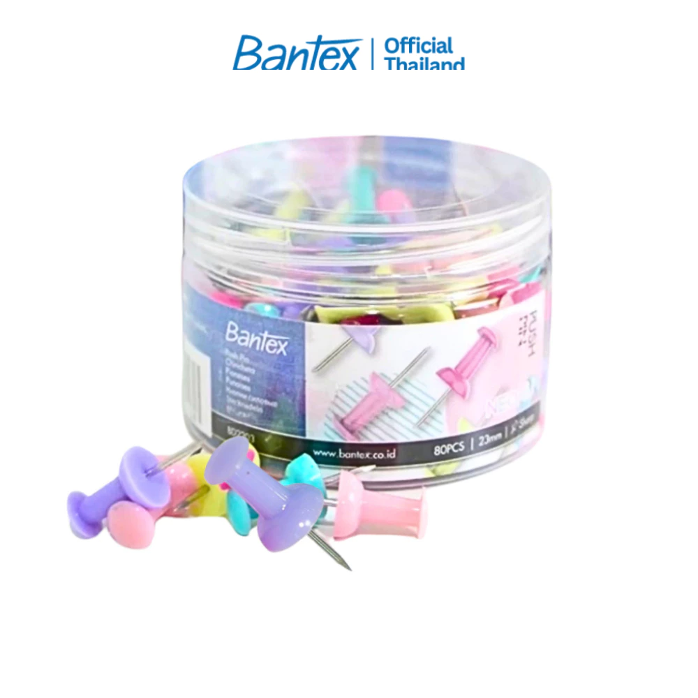 Bantex หมุด หมุดปักกระดาษ หมุดปักบอร์ด สีพาสเทล ขนาด 1 นิ้ว 80ชิ้น ทนทาน ปักแน่น ใช้งานง่าย Push-pin