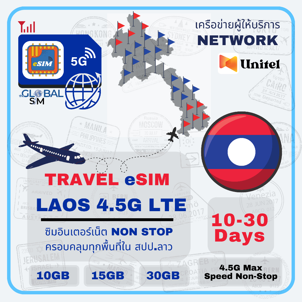 eSIM Laos อีซิมลาว Unitel 4G/5G เน็ตเหมา 10–30GB เลือกได้ 10–30 วัน ส่งได้ทันที | The Global SIM